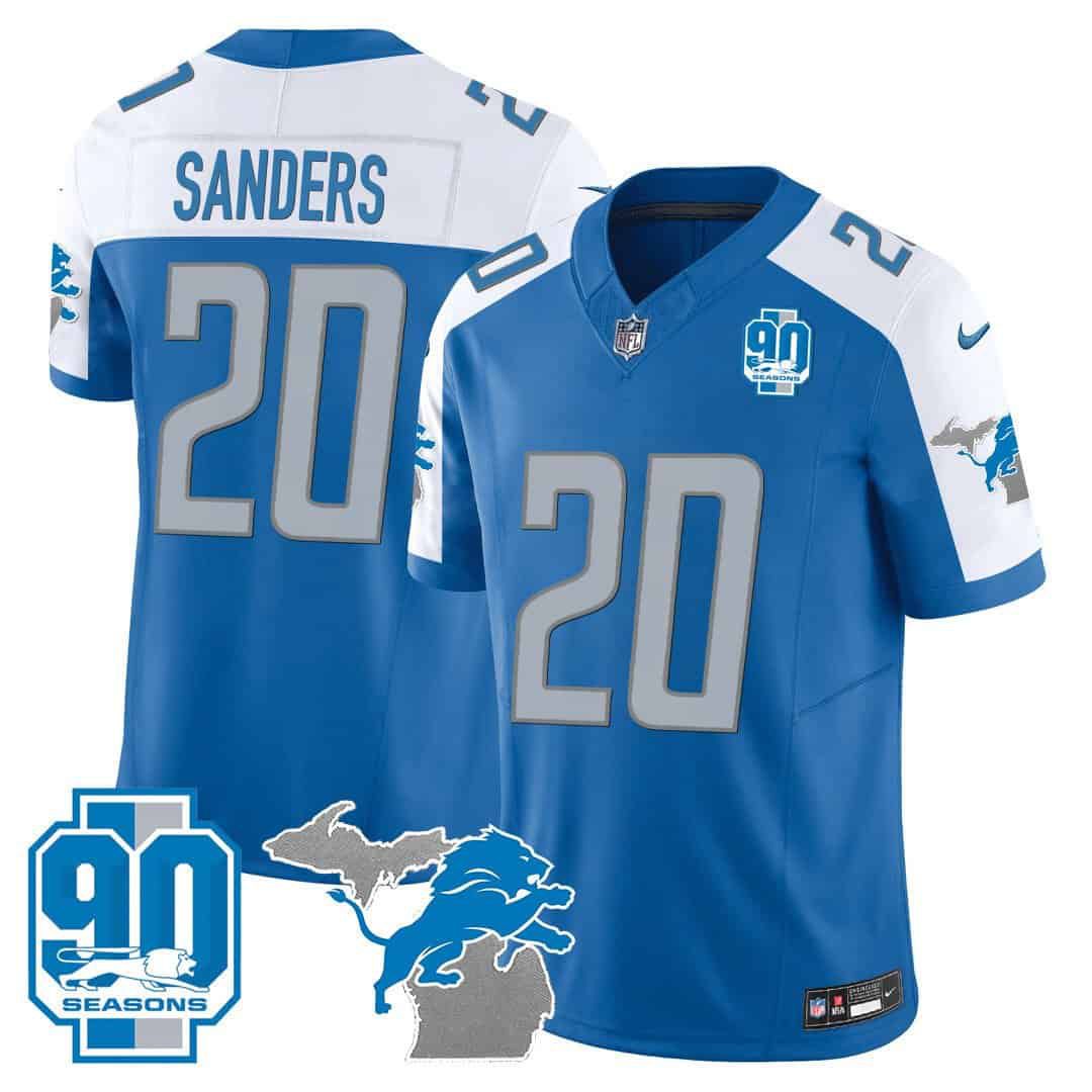 Men Detroit Lions #20 Sanders Blue 2024 Nike 90th Year Michigan Patch Vapor NFL Jersey